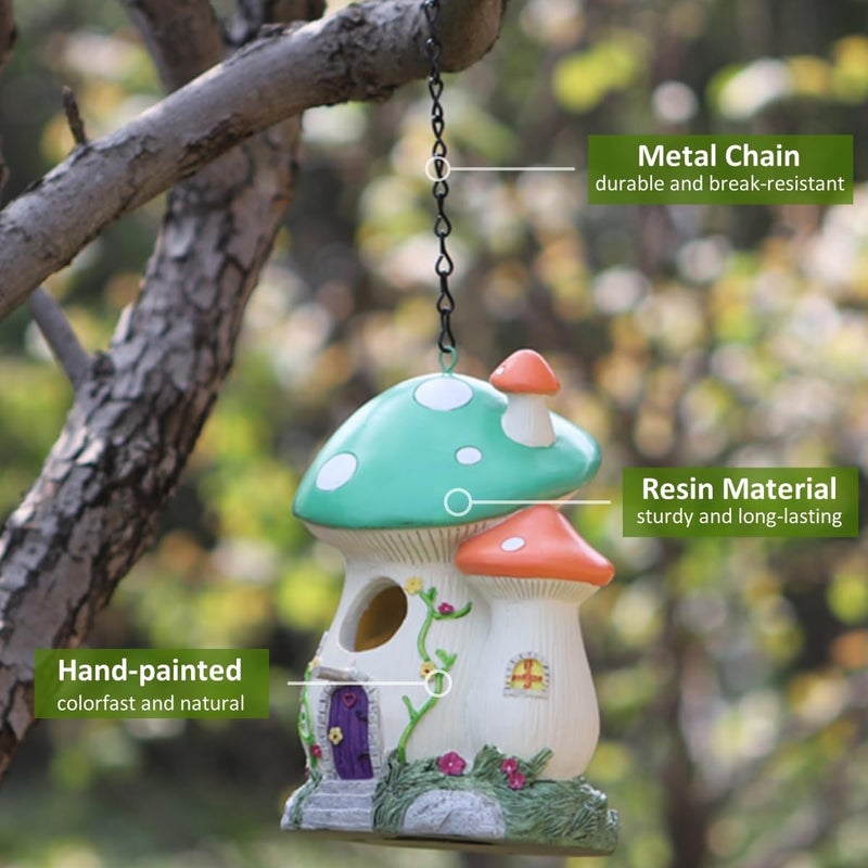 Bltnever Garden Bird House for Outdoors, Clearance Hanging Birds Nesting Box, Decorative Mushroom Cute Resin Birdhouse for Outside Indoors Garden Backyard Decor, Gifts for Bird Lovers (Green, Medium Size) - Image 4